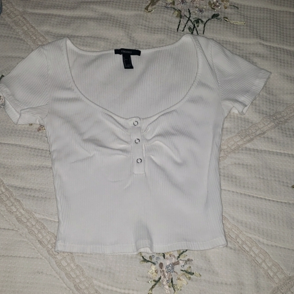 Forever 21 White Ribbed Crop Top with snap Buttons